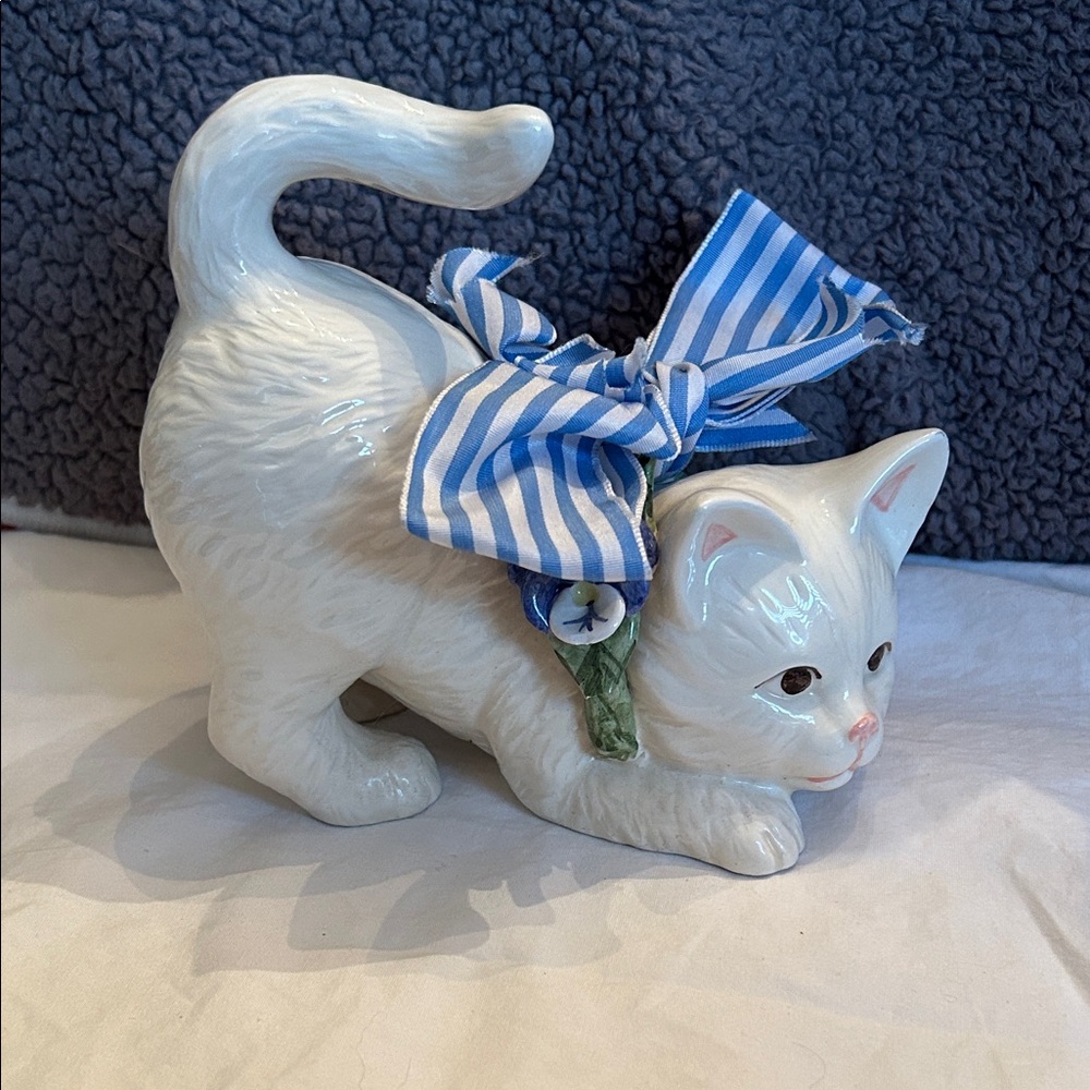 White Ceramic Cat Figurine with Blue Striped Bow